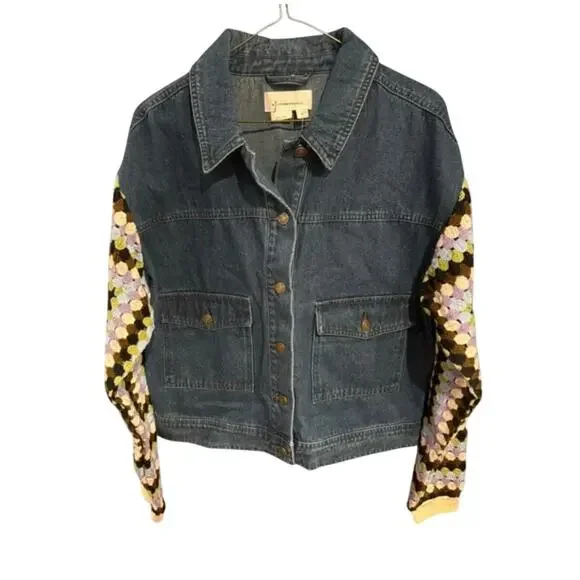 Anthropologie Crochet Sleeve Denim Jacket S NWOT Blue Purple Green Boho Western